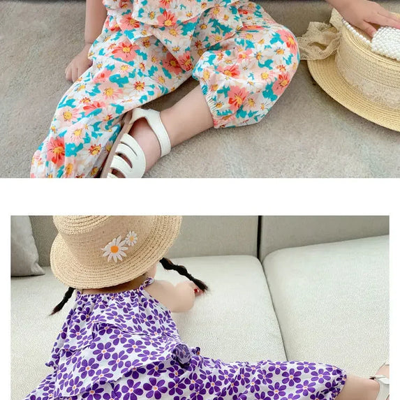2024 Summer New baby Girls' Suits Cute Floral Vest And Anti-Mosquito Pants Children Clothing Sets Fashion Kids Outfit