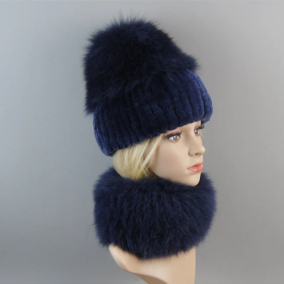 Luxury Women Winter Luxury Real Rex Rabbit Fur Hat Scarf 2 Pieces Knitted Rex Rabbit Fur Hat Top Natural Fox Fur Cap Scarves Set