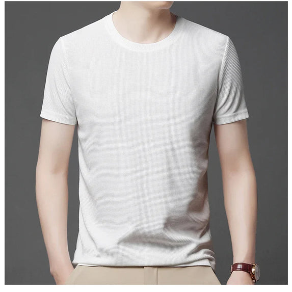 New Summer Waffle Round Neck Short Sleeved T-shirt for Men's Short Sleeved Top