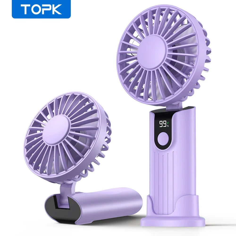 TOPK 5000mAh Mini Portable Fan USB Rechargeable Hand Held Fan,Small Pocket Fan 3 Speeds with Lanyard &Base,USB Desk Fan Foldable