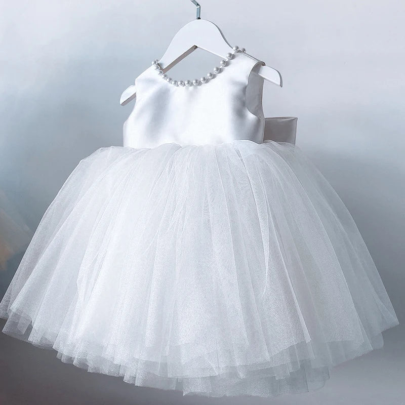 Backless Cute Kid's Princess Dress Sleeveless Pearls Elegant Girls Birthday Party Dress Flower Girls Dress for Wedding Tutu Gown
