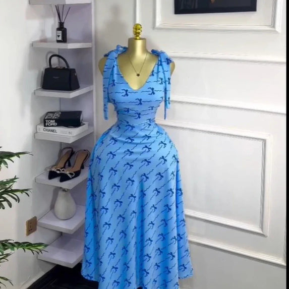 CM.YAYA Women Tie Dye Sleeveless Bowknot Strap V-neck A-line Midi Dress 2025 Summer Vacation Birthday Sexy Party Street Dresses
