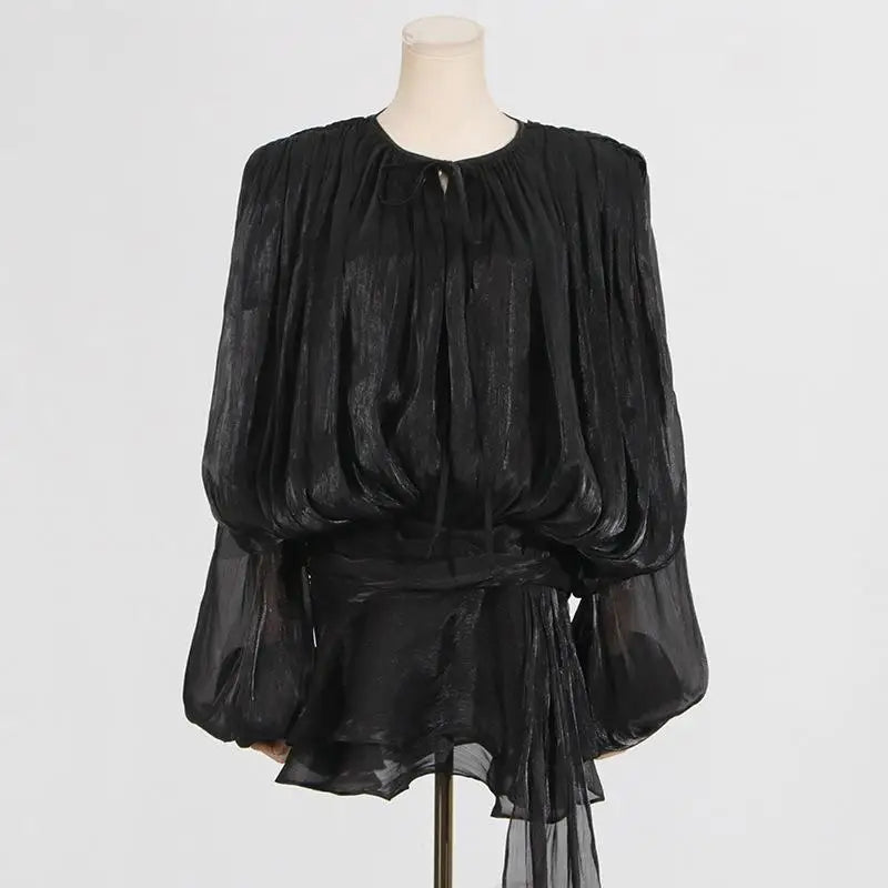 Summer Shiny Skinny Pleated Mini Dress Elegant Solid Lace Up Lantern Sleeve Vacation Vestidos 2025 Lady Evening Party Robes New