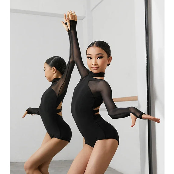 Black Latin Dance Clothing Jumpsuit Girls Long Sleeves Leotard Latin Tops Ballroom Dance Performance Wear Cha Cha Bodysuit Child
