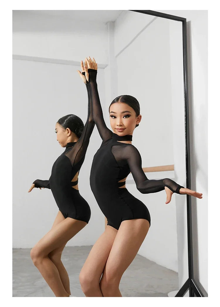 Black Latin Dance Clothing Jumpsuit Girls Long Sleeves Leotard Latin Tops Ballroom Dance Performance Wear Cha Cha Bodysuit Child