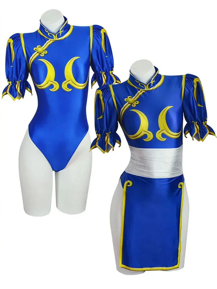 Chun Li Cosplay Dress Costume Game SF Chunli Role Play Blue Qipao Outfit Full Set Jackie Kung fu Halloween Party Suit For Fun