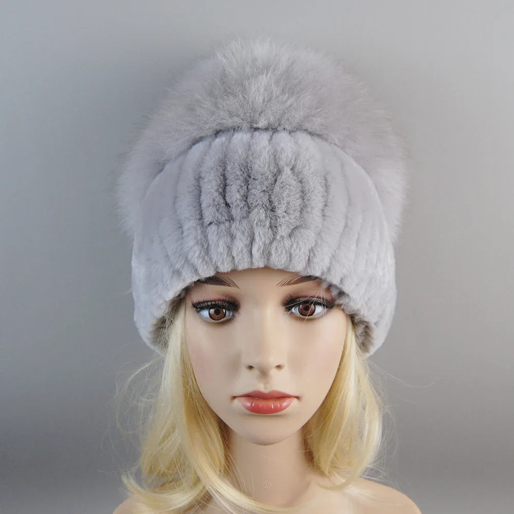 Luxury Women Winter Luxury Real Rex Rabbit Fur Hat Scarf 2 Pieces Knitted Rex Rabbit Fur Hat Top Natural Fox Fur Cap Scarves Set
