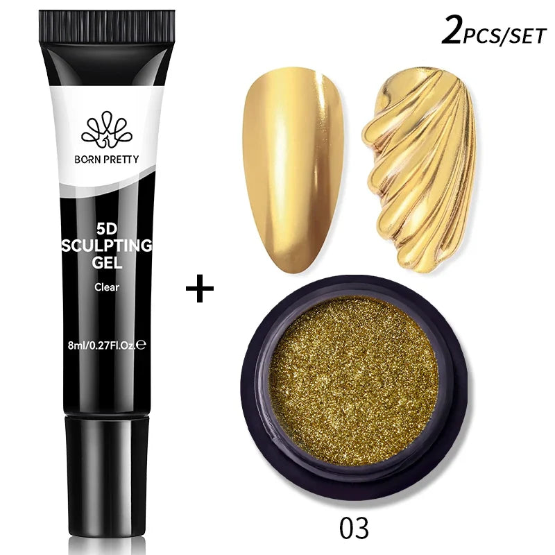 BORN PRETTY 2Pcs/Set 8ml 5D Sculpting Gel with Solid Mirror Powder DIY Nail Embossing Gel for Painting Carving Nails