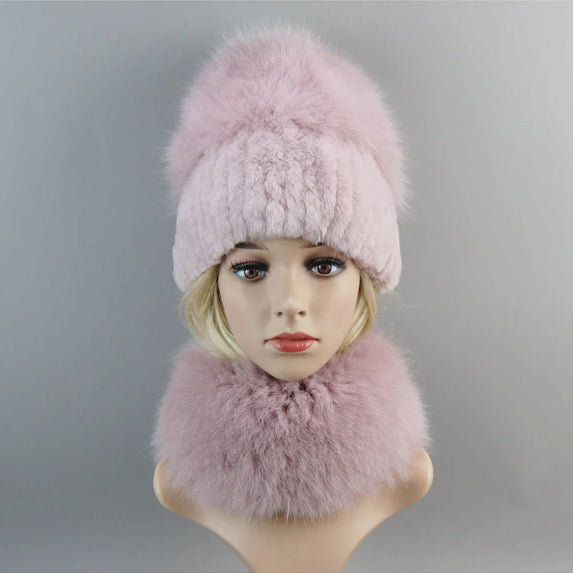 Luxury Women Winter Luxury Real Rex Rabbit Fur Hat Scarf 2 Pieces Knitted Rex Rabbit Fur Hat Top Natural Fox Fur Cap Scarves Set