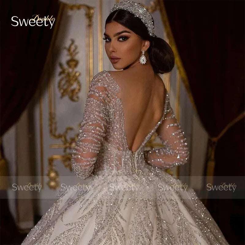 Glitter Fully Beaded Wedding Dress With Organza Ball Gown Full Sleeve O-Neck Bride Dress Lace Up Vestido De Novia Customized