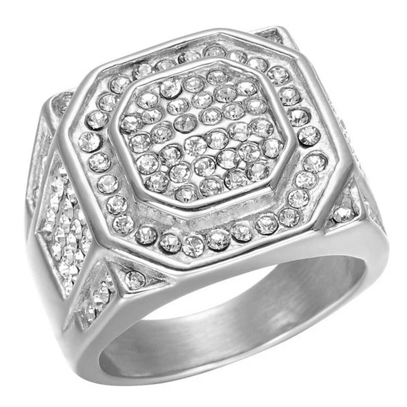 Ofertas Hip Hop Style Trendy Men Women Rings Copper Ring Iced Out Bling Pave Cubic Zirconia Geometry Ring Charms