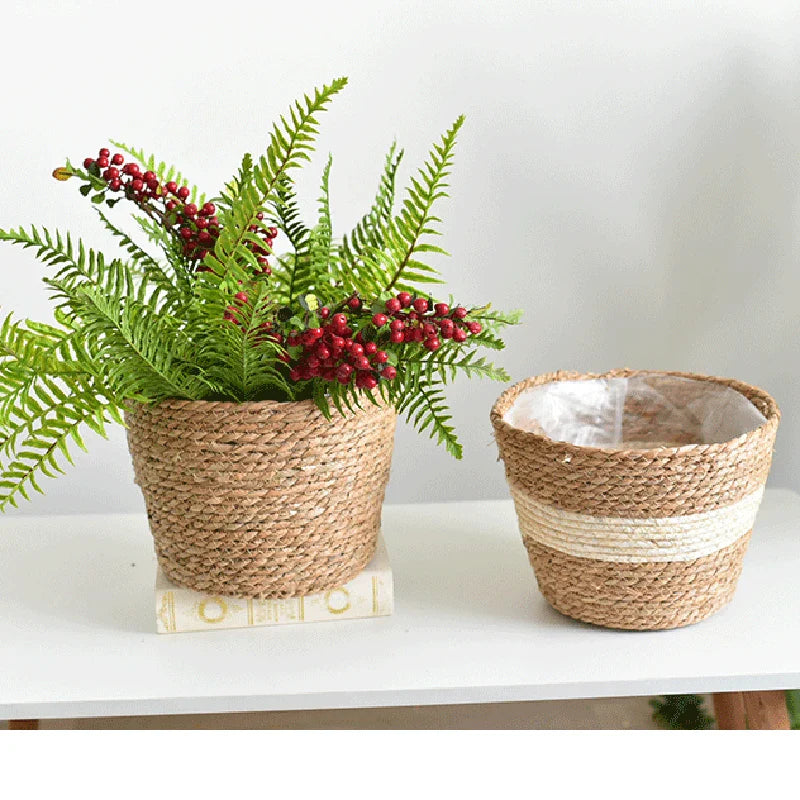 Straw Weaving Flower Plant Pot Basket Grass Planter Basket Indoor Outdoor Flower Pot Cover Plant Containers for Plantable Plants
