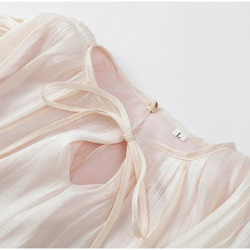 Summer Shiny Skinny Pleated Mini Dress Elegant Solid Lace Up Lantern Sleeve Vacation Vestidos 2025 Lady Evening Party Robes New