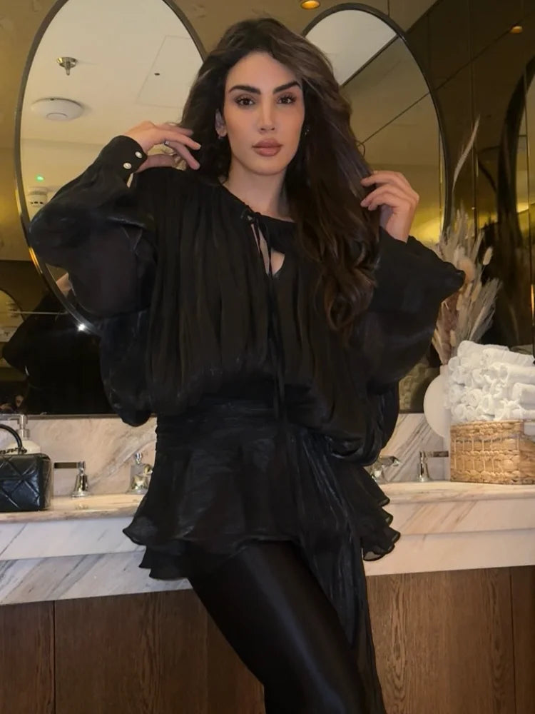 Summer Shiny Skinny Pleated Mini Dress Elegant Solid Lace Up Lantern Sleeve Vacation Vestidos 2025 Lady Evening Party Robes New