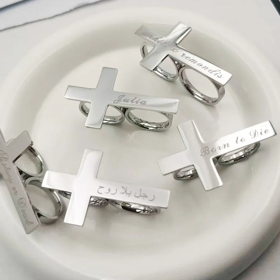 Custom Cross Ring Engraving Name Ring Men Stainless Steel Two Fingers Ring Knuckle Jewelry Women Personalized Gift for Boyfriend