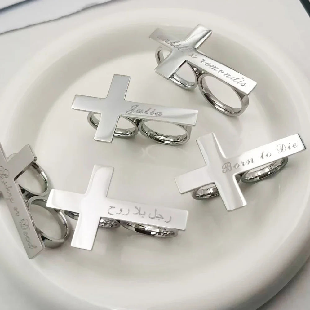 Custom Cross Ring Engraving Name Ring Men Stainless Steel Two Fingers Ring Knuckle Jewelry Women Personalized Gift for Boyfriend