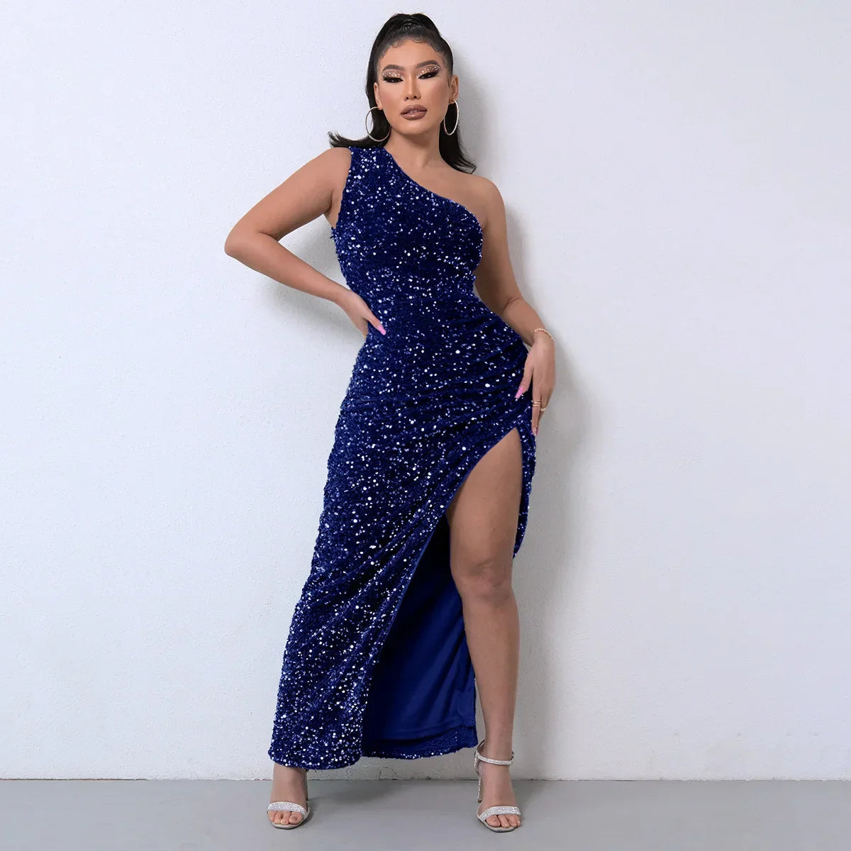 2023 Amazon Independent Station Fashionable Sleeveless Sequins Flannelette Single Shoulder Side Slit Evening Dress
