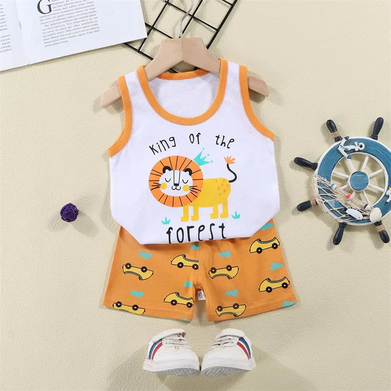 Cartoon Lion Pajamas Vest+Shorts 2-Piece Clothing Set Summer Kids Baby Boys Girls Cotton Casual Tracksuit Clothes Suit 1-6 Years