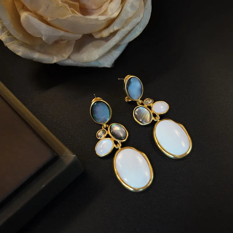 Luxury Pearl Shell Earring Ring Brooch Jewelry Set, Natural Stone Ring & Flower Earring,Women's Elegant Clothing Decoration Gift