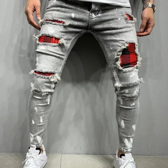 High Quality Fashion Men Painted Stretch Skinny Jeans Slim Fit Ripped Distressed Pleated Knee Patch Casual Men's Brand Clothing