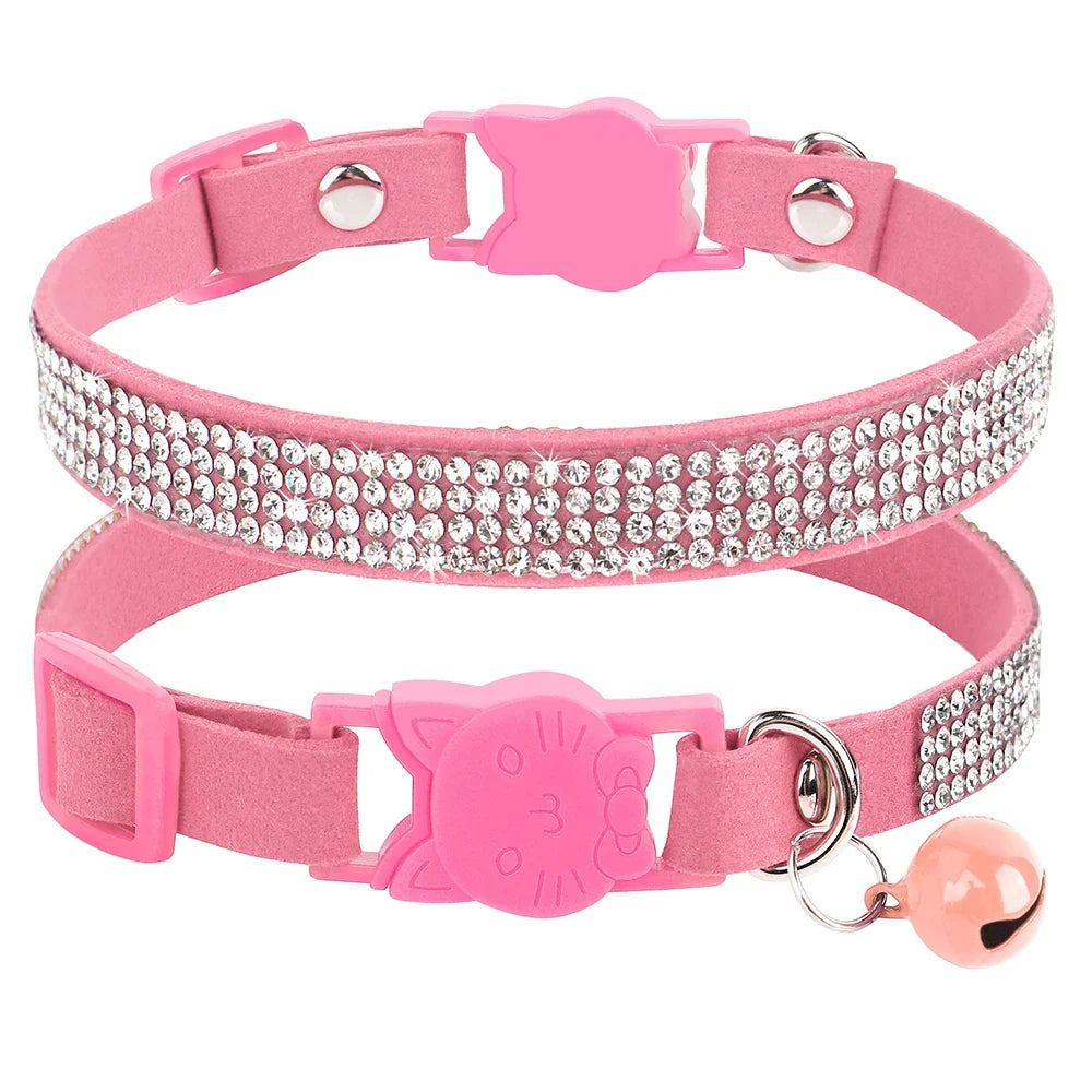 Suede Leather Cat Collar Bling Rhinestone Cats Collars with Bell Safety Breakaway Pet Puppy Necklace Adjustable XS S Pink Soft