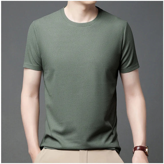 New Summer Waffle Round Neck Short Sleeved T-shirt for Men's Short Sleeved Top