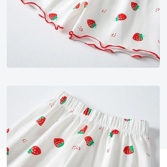Girls Summer Pajama Sets Stylish Cartoon Pattern Printing Short Sleeve Top and Pants Made from Luxurious Cozy Ice Silk Material