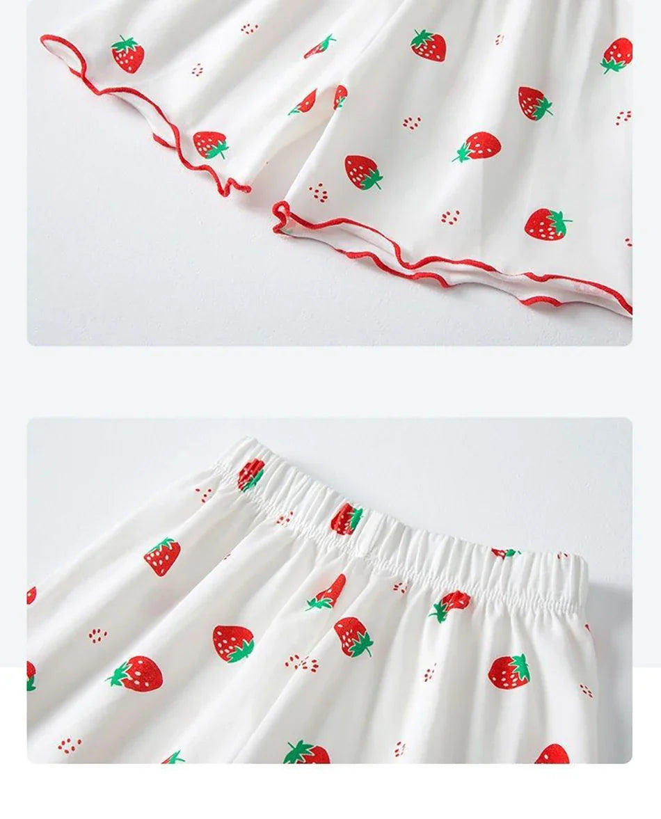 Girls Summer Pajama Sets Stylish Cartoon Pattern Printing Short Sleeve Top and Pants Made from Luxurious Cozy Ice Silk Material