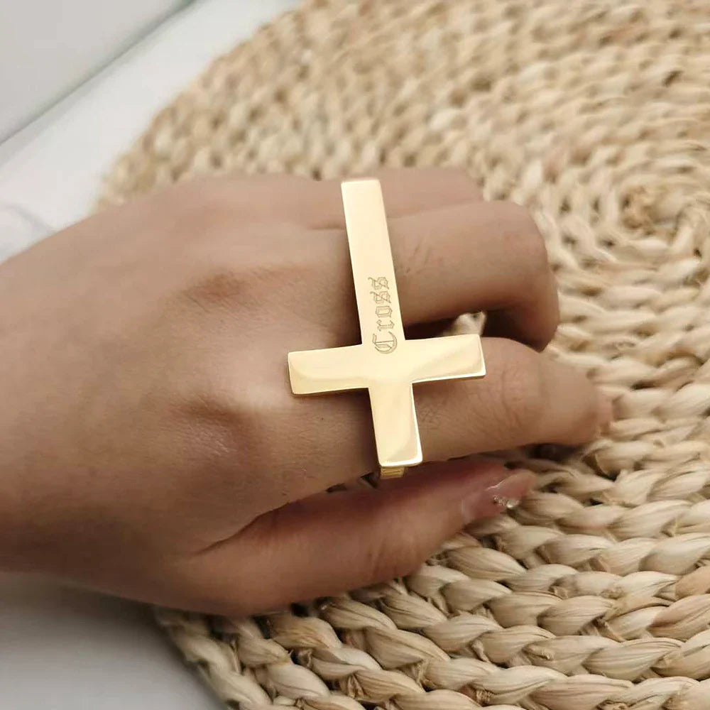 Custom Cross Ring Engraving Name Ring Men Stainless Steel Two Fingers Ring Knuckle Jewelry Women Personalized Gift for Boyfriend