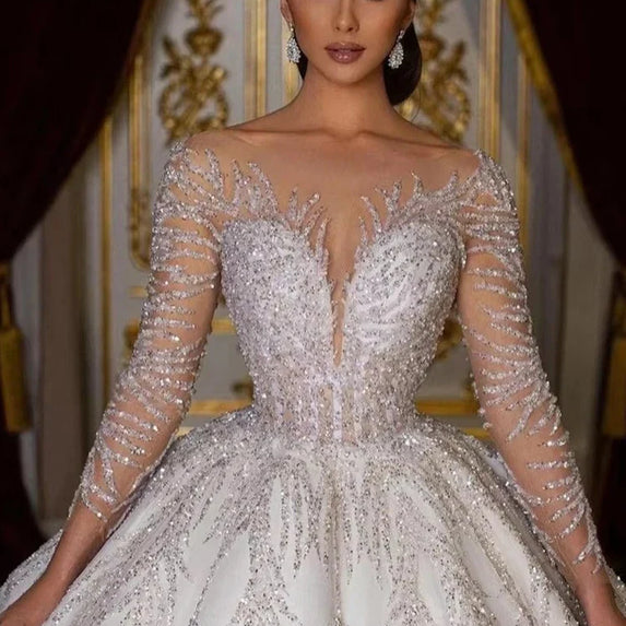 Glitter Fully Beaded Wedding Dress With Organza Ball Gown Full Sleeve O-Neck Bride Dress Lace Up Vestido De Novia Customized