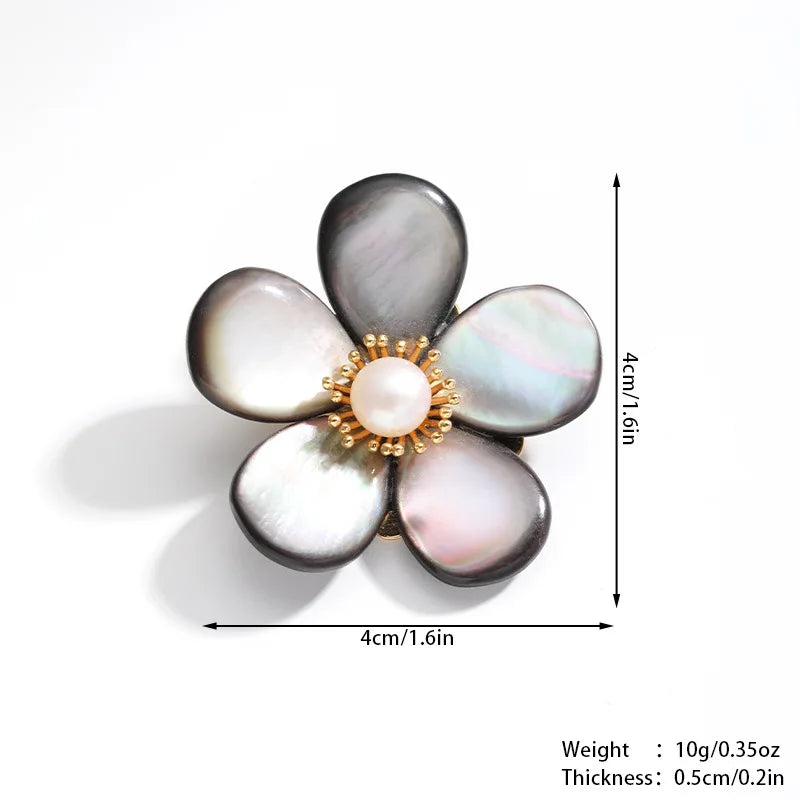 Luxury Pearl Shell Earring Ring Brooch Jewelry Set, Natural Stone Ring & Flower Earring,Women's Elegant Clothing Decoration Gift