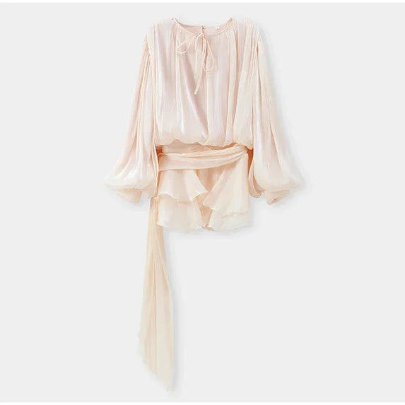 Summer Shiny Skinny Pleated Mini Dress Elegant Solid Lace Up Lantern Sleeve Vacation Vestidos 2025 Lady Evening Party Robes New