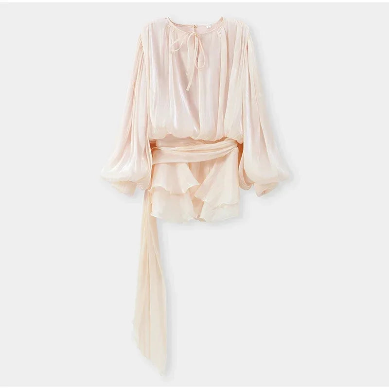 Summer Shiny Skinny Pleated Mini Dress Elegant Solid Lace Up Lantern Sleeve Vacation Vestidos 2025 Lady Evening Party Robes New