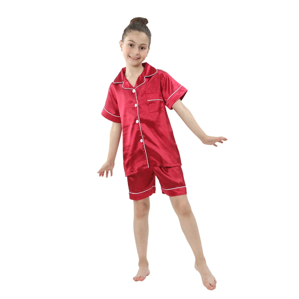Summer Short Sleeve Satin Pajamas Silk Fabric Girls Sleepwear Boys Nightwear Solid Children's Pajama Sets Pyjamas Boy Baby Wear