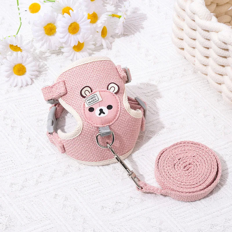Adjustable Bear Decoration Dog Vest Chest Harness Breathable Pet Cat Harness Leash Set Teddy Small Dog Walking Rope