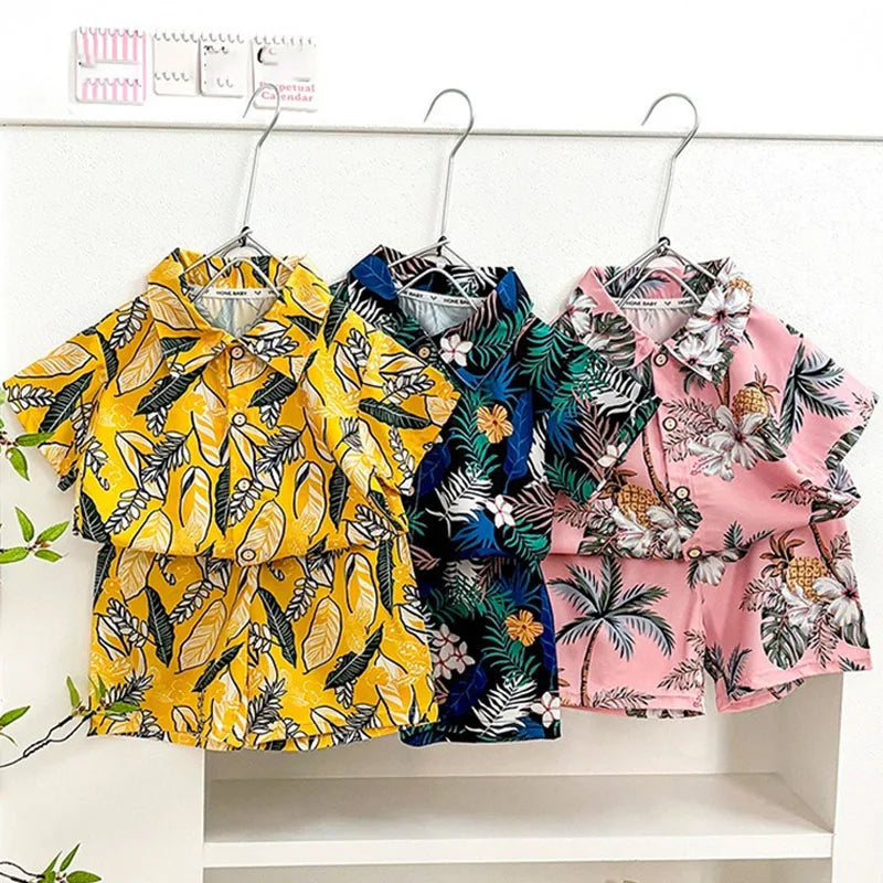 Summer Children Beach Shirt Set Boys Girls Baby Loose Printed Shirts Fashion Vacation Style Kid Short Sleeve+short Pants Outfits
