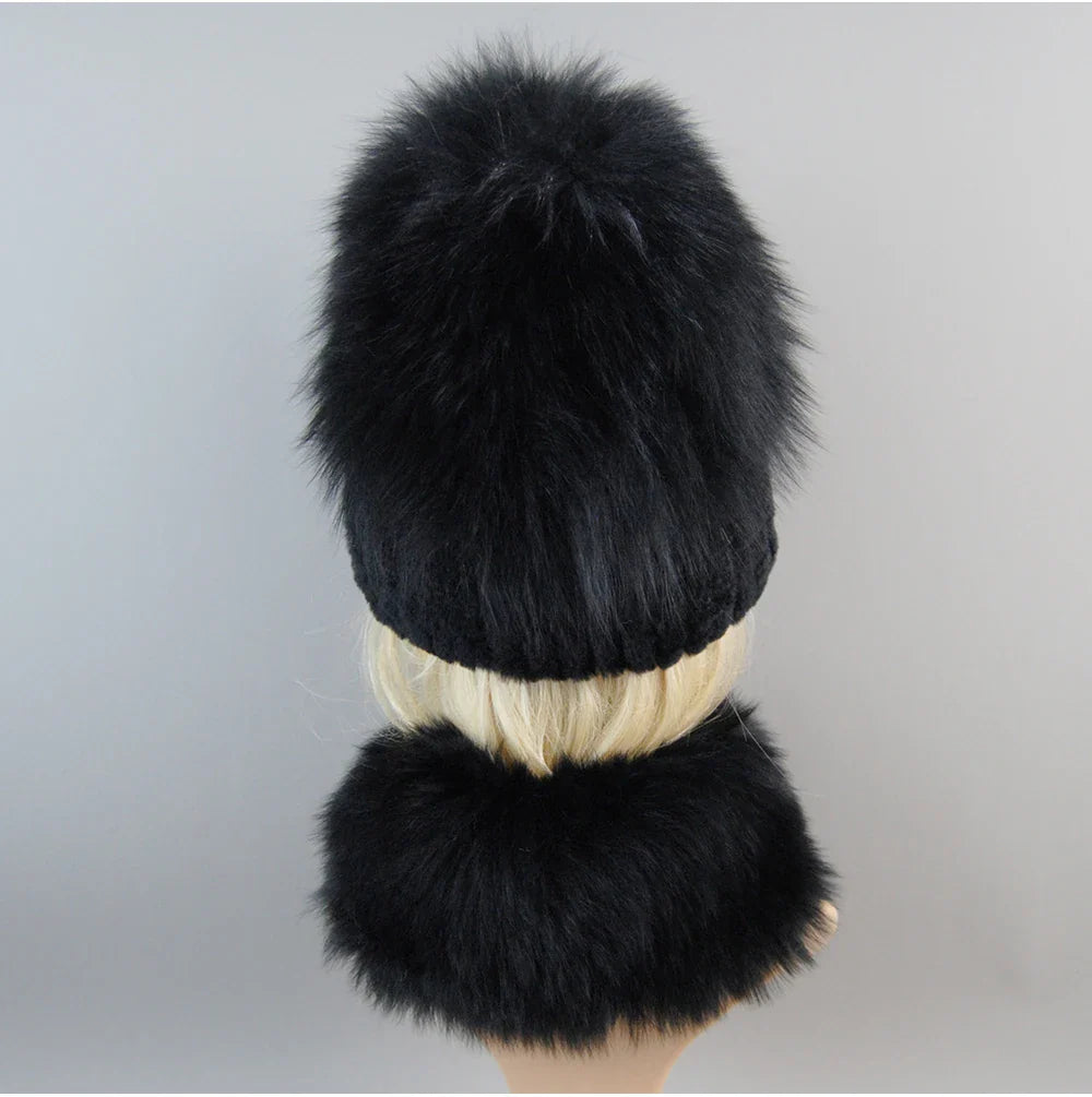 Luxury Women Winter Luxury Real Rex Rabbit Fur Hat Scarf 2 Pieces Knitted Rex Rabbit Fur Hat Top Natural Fox Fur Cap Scarves Set
