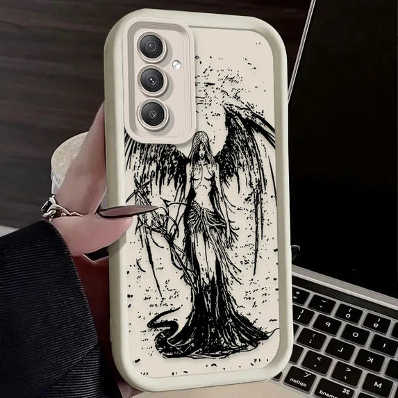 Phone Case for Samsung Galaxy A55 A35 A25 A15 A05 A05S 5G A24 A13 A23 A12 A22 A32 A52 A52S A71 A72 A51 Retro Punk Black Angel