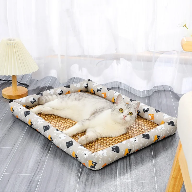 Summer Cat Beds Pet Cooling Mat Pad Lightweight Breathable Rattan Pet Bed Cooling Ice Nest for Small Animal Dogs Supplies