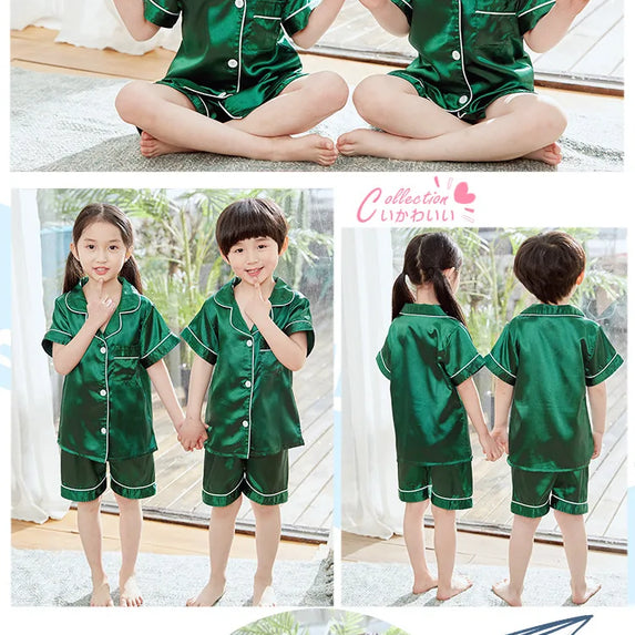 Summer Short Sleeve Satin Pajamas Silk Fabric Girls Sleepwear Boys Nightwear Solid Children's Pajama Sets Pyjamas Boy Baby Wear