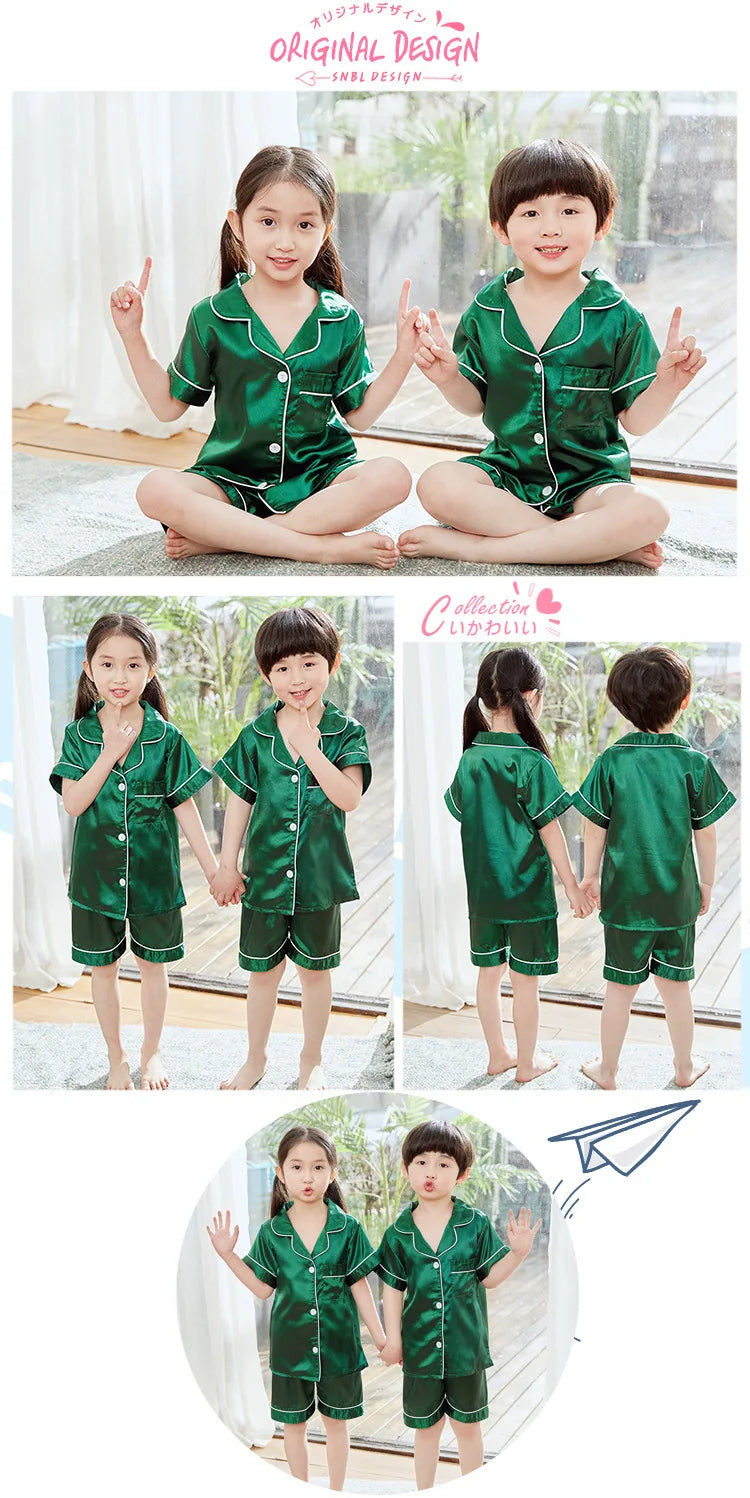 Summer Short Sleeve Satin Pajamas Silk Fabric Girls Sleepwear Boys Nightwear Solid Children's Pajama Sets Pyjamas Boy Baby Wear