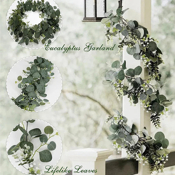 Artificial Eucalyptus Leaves Greenery Garland Faux Plant Spring Vines with White Flowers Berries for Wedding Home Party Decor
