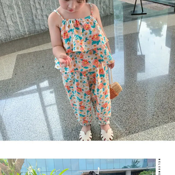 2024 Summer New baby Girls' Suits Cute Floral Vest And Anti-Mosquito Pants Children Clothing Sets Fashion Kids Outfit