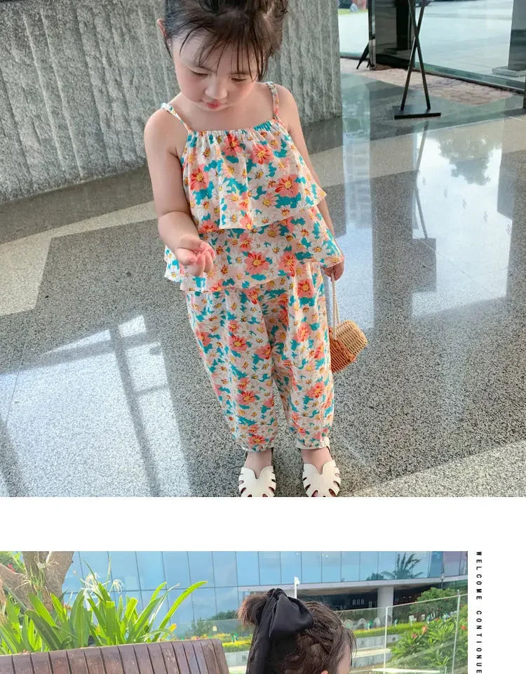 2024 Summer New baby Girls' Suits Cute Floral Vest And Anti-Mosquito Pants Children Clothing Sets Fashion Kids Outfit