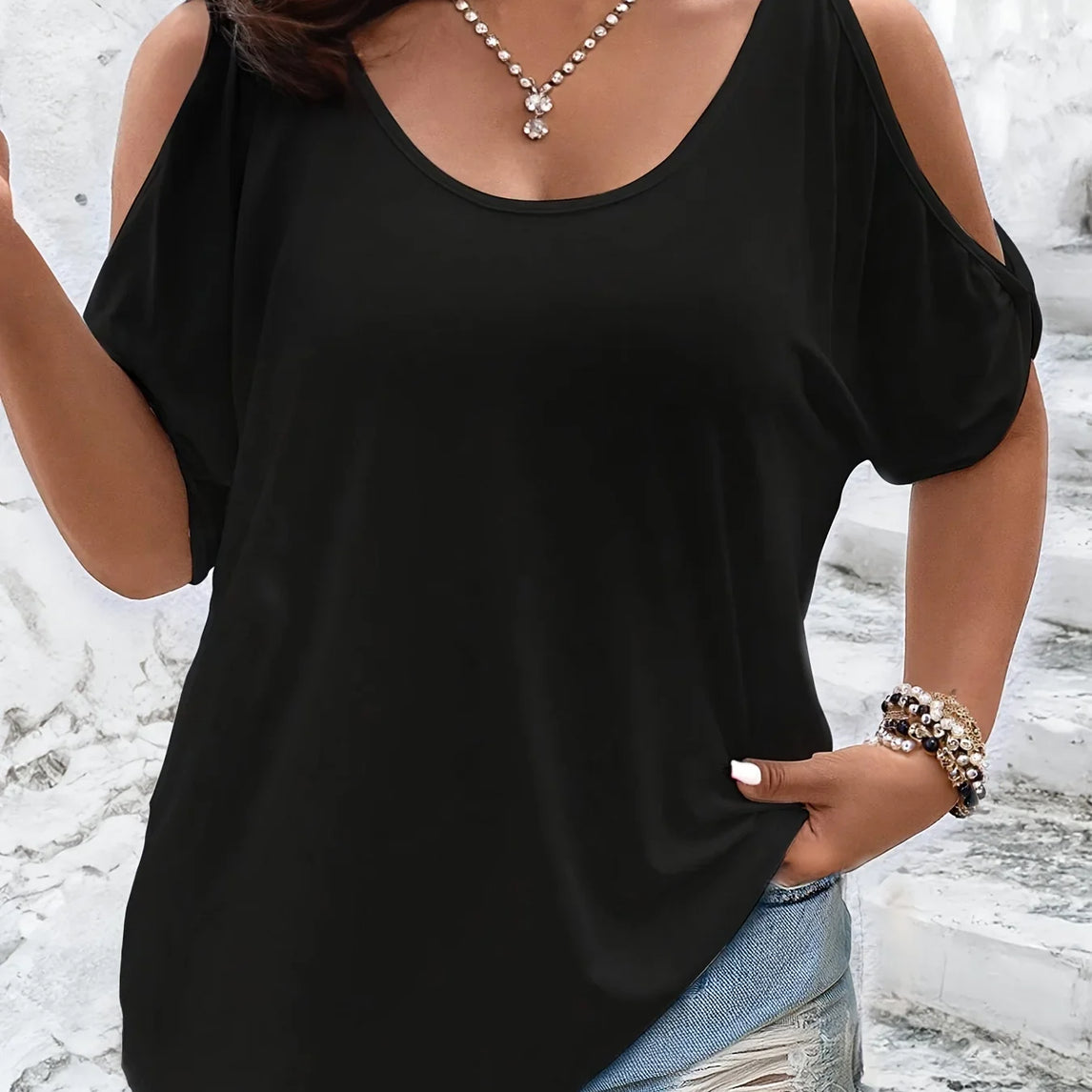 Plus Size Cold Shoulder T-Shirt for Women Casual Loose Fit Summer Top with Trendy Cutouts