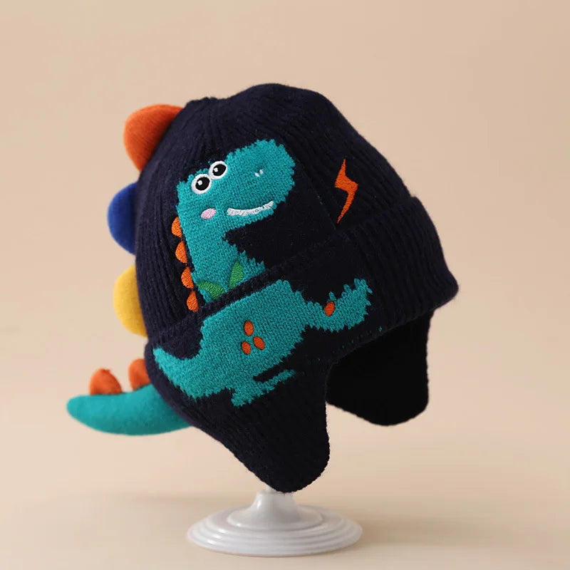 Winter Warm Baby Ear Protection Hat 3D Dinosaur Kids Earmuffs Cap Cartoon Toddler Woolen Knitted Hats 2-6 Years Children Beanies