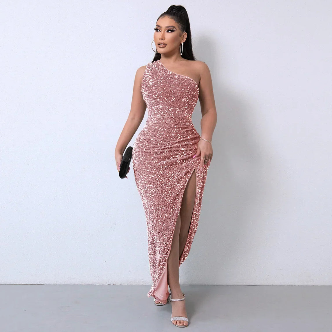 2023 Amazon Independent Station Fashionable Sleeveless Sequins Flannelette Single Shoulder Side Slit Evening Dress