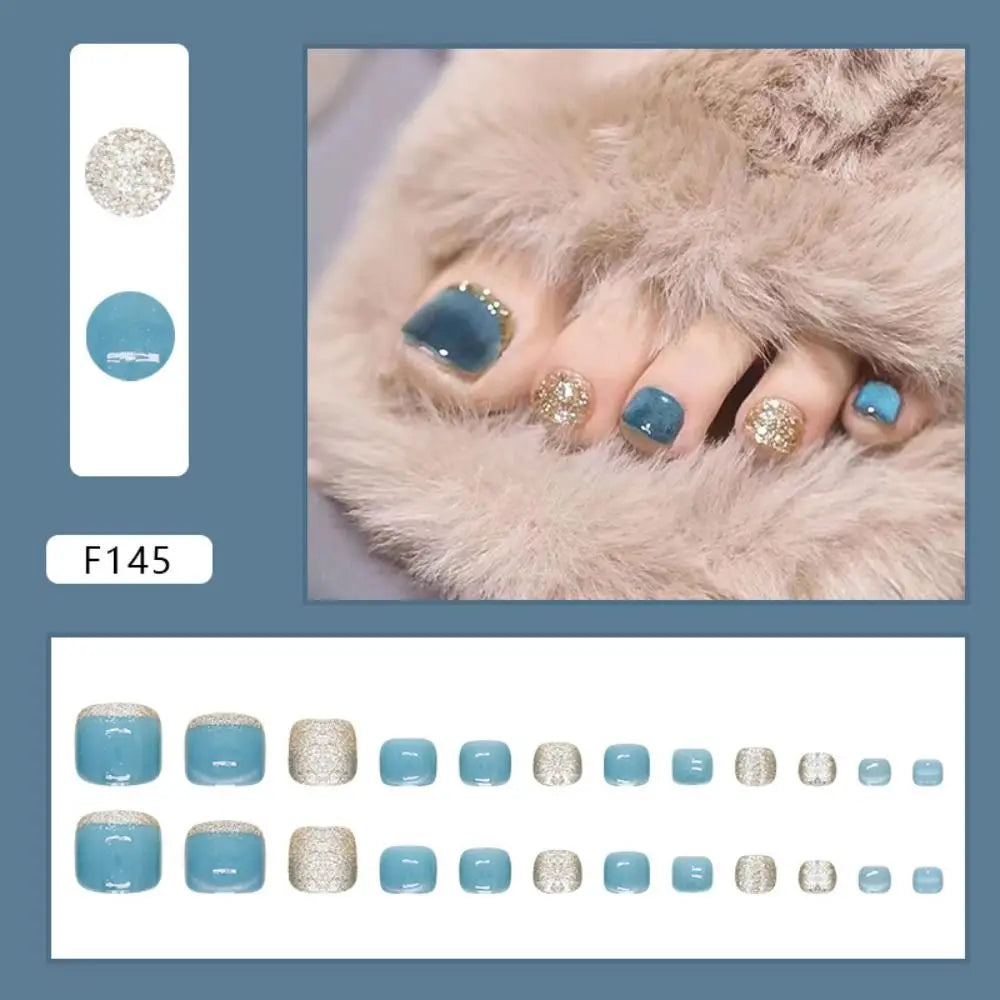 Fashion Short Square Fake Toenails French Blue Cat Eye Toe Nails Simple Full Cover Foot Nails for Women Girl
