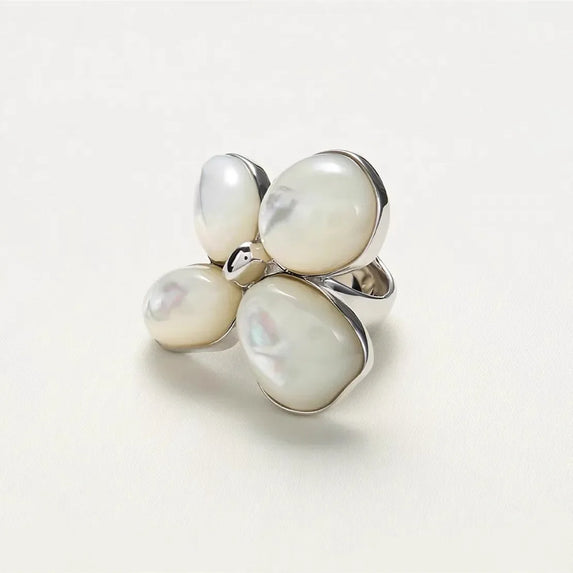 Luxury Pearl Shell Earring Ring Brooch Jewelry Set, Natural Stone Ring & Flower Earring,Women's Elegant Clothing Decoration Gift