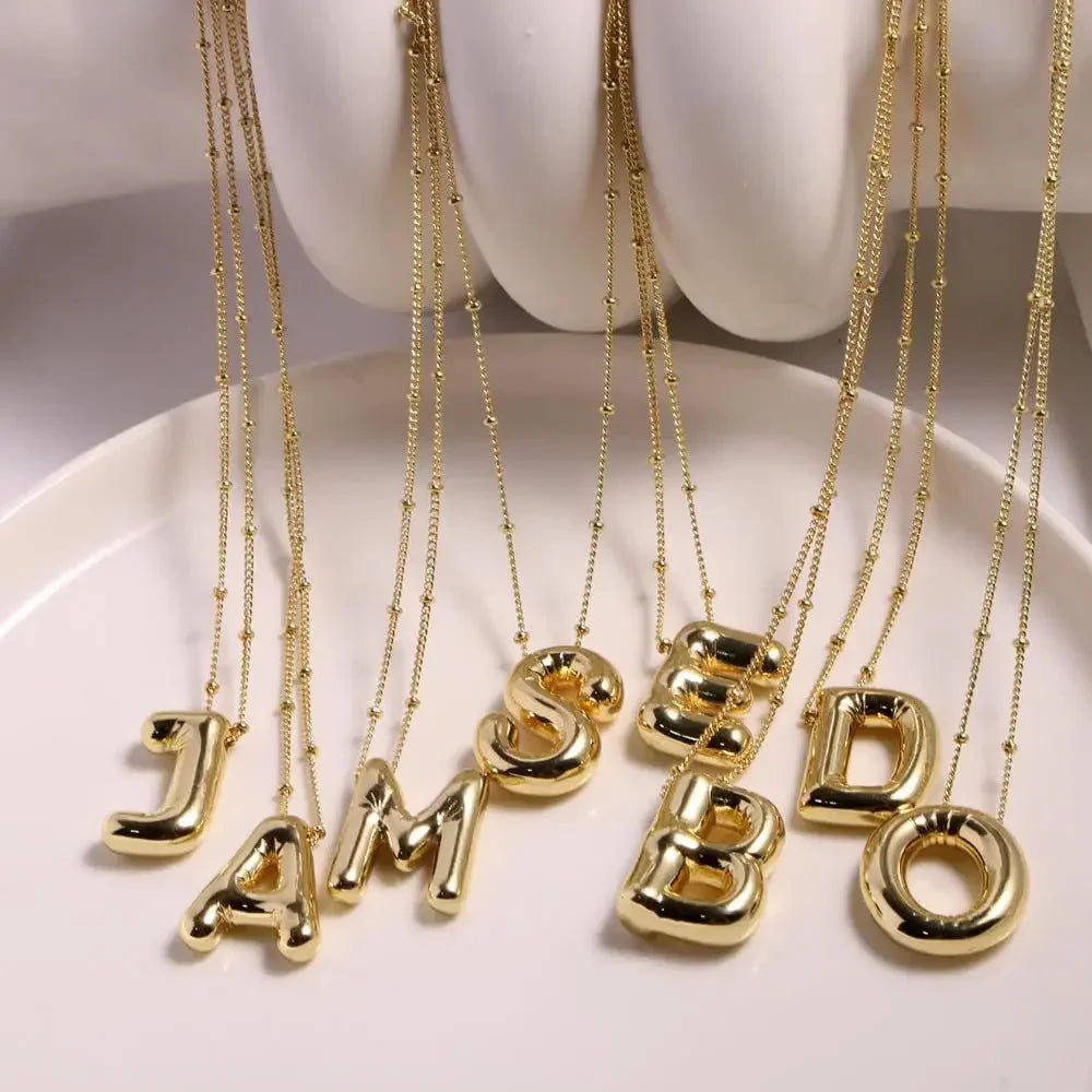 LATS Gold Plated Metal Chunky Alphabet Balloon Bubble Initial Letter Pendant Necklace for Women Men Boy Fashion Jewelry
